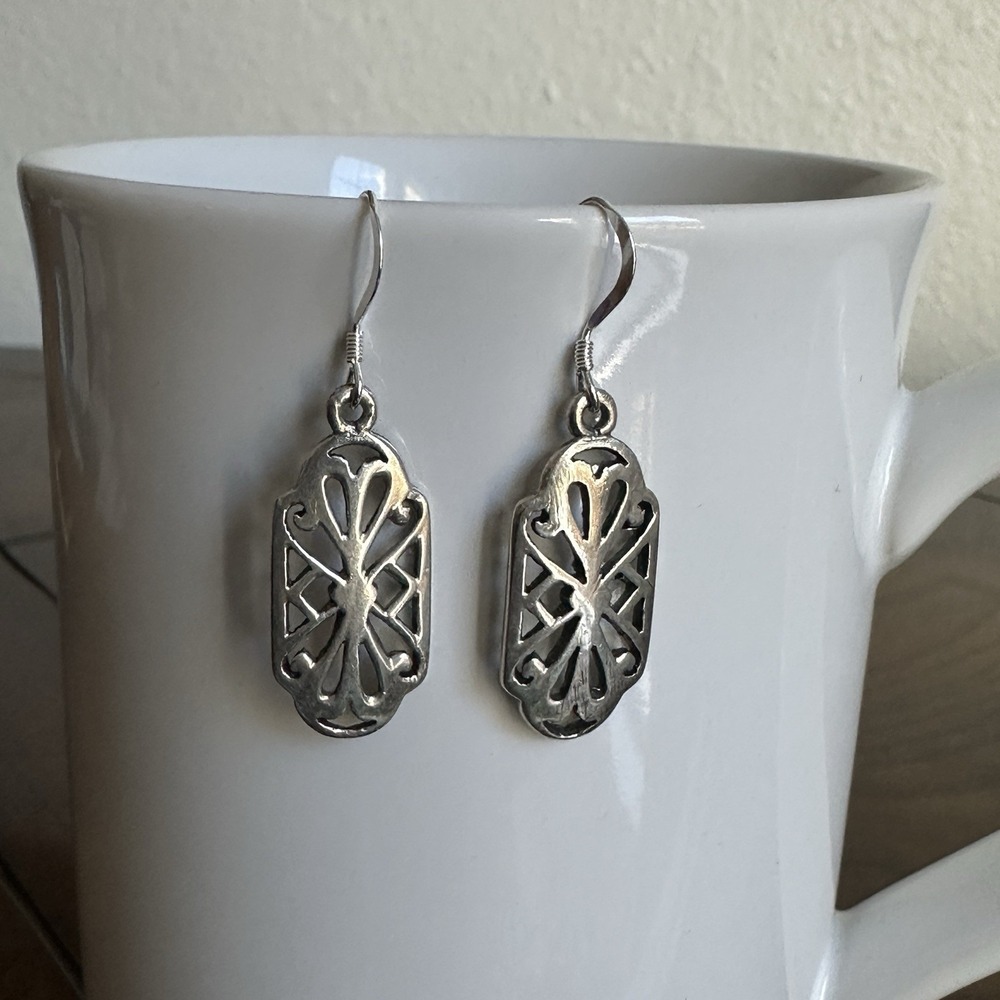 VTG Hook Dangle Earrings 1.5 Inch Geometric Retro Deco Cutout 925 Sterling 4.8g